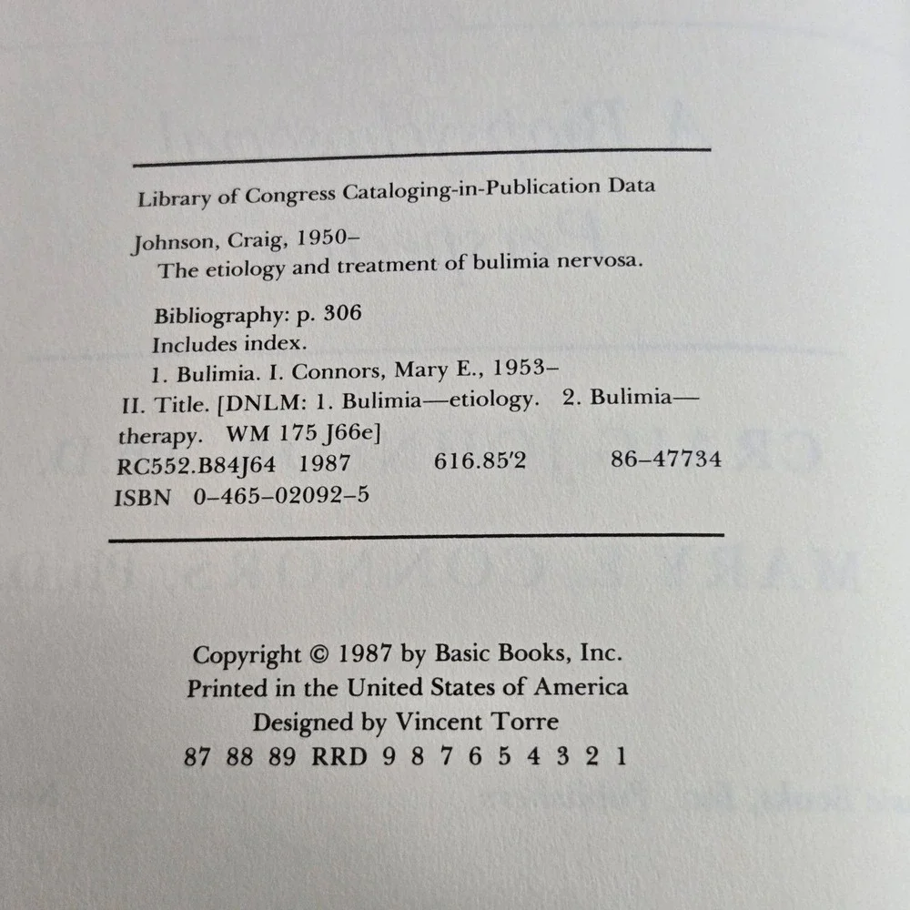 Basic Books Etiology and Treatment of Bulimia Nervosa Hardcover‎ 1987 Book